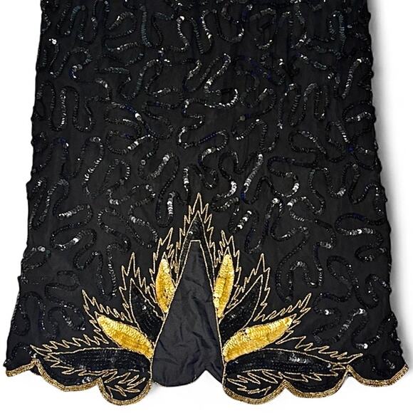 Vintage 80s Black Sequin Gold Leaf Beaded Midi Skirt Glam Cocktail Evening Small - Picture 7 of 11